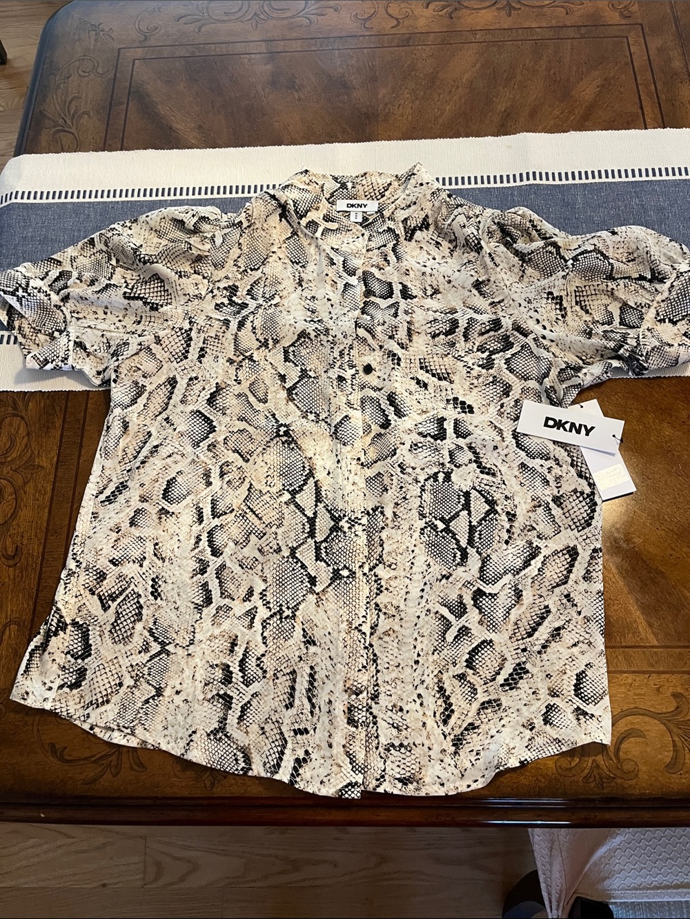 DKNY Beige and Black Snake Print Button-Up Shirt